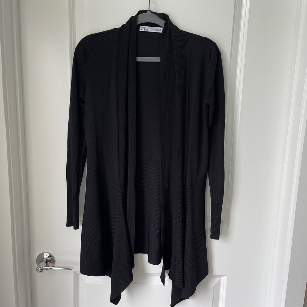 Zara Black Rib Long Sleeve Sweater Cardigan Small - Picture 2 of 7